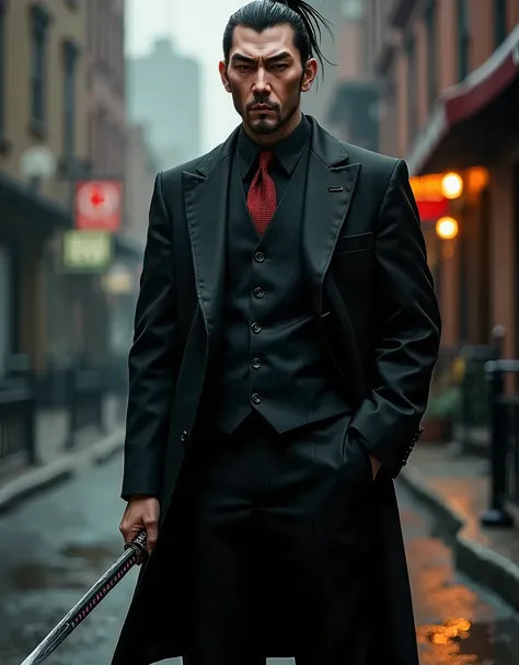 masterpiece, best quality, 8k, solo, solo focus, yakuza with a black three-piece suit and holding a highly detailed katana blade with one hand, chonmage hair, (black collared shirt:1.1, dark red necktie), gangster, mafia, Brookyln street backdrop, realisti...