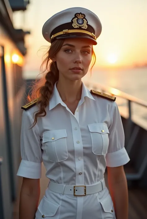 (8K, photorealistic, Raw photo, top quality;1.4) , (1 mature woman), super beauty (Realistic face) Woman in white uniform posing on a warship, big breasts, Woman in military uniform, military uniform trousers, beautiful expression, real leather, Super high...