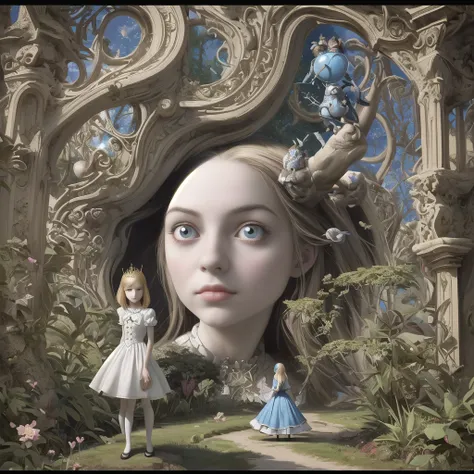 In the middle of the image is Alice(Alice in Wonderland, wondering), in a world where everything is wrong, probably the Queen of Hearts royal garden, the perspective is distorted, the sense of distance is wrong, the horizon and vertical lines are distorted...