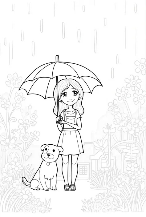 Clear coloring page of a girl under the umbrella at a rainy day with her dog beneath her. The girl is standing at a flowery garden. A house with small windows is behind her. Cartoon style, detail background, white background, no colours