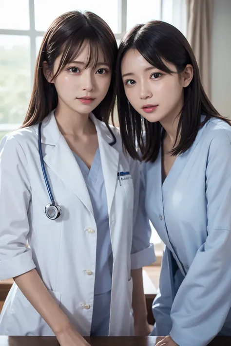 Photorealisticistic beautiful [doctor、Stunningly beautiful、[doctor&#39;Under her white coat&#39;Wearing sexy blue underwear, Collared shirt、(Best Quality、8k、32K、masterpiece、NFSW:1.3)、Ultra-high resolution,(Photorealistic:1.4),RAW Photos, Detailed face,,Bea...