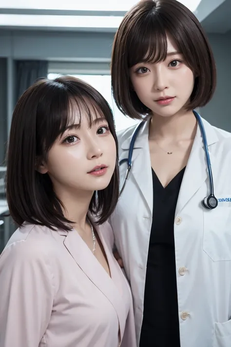 Photorealisticistic beautiful [doctor、Stunningly beautiful、[doctor&#39;Under her white coat&#39;Wearing sexy blue underwear, Collared shirt、(Best Quality、8k、32K、masterpiece、NFSW:1.3)、Ultra-high resolution,(Photorealistic:1.4),RAW Photos, Detailed face,,Bea...