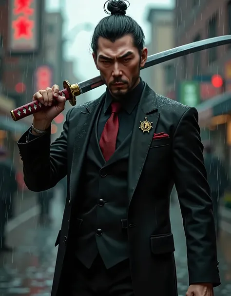 masterpiece, best quality, 8k, solo, solo focus, yakuza with a black three-piece suit and (holding a highly detailed katana blade with one hand:1.2), chonmage hair, (black collared shirt:1.1, dark red necktie), gangster, mafia, Brookyln street backdrop, re...