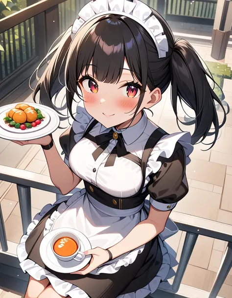 a cartoon girl wearing a maid costume holding a plate of food while sitting on a railing, 1girl, breasts, solo, smile, cup, large breasts, red eyes, black hair, twintails, blush, holding, looking at viewer, bangs, apron, short sleeves