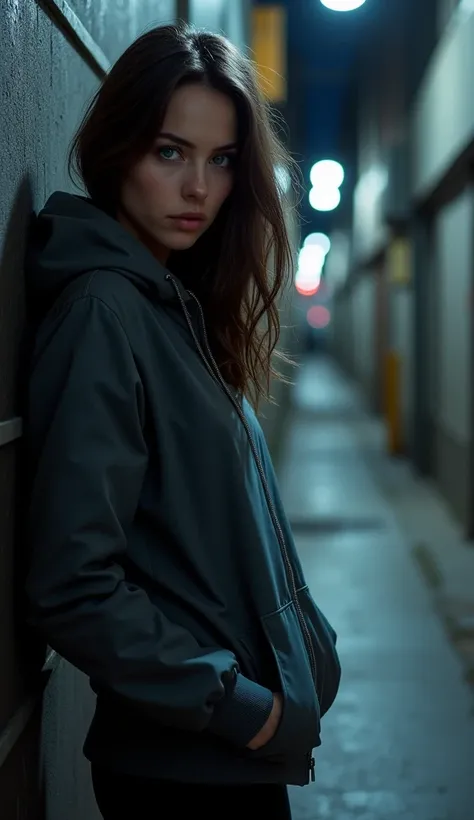 1woman, solo, long hair, breasts, looking at viewer, blue eyes, brown hair, black hair, medium breasts, jacket, outdoors, pants, hood, from side, lips, hoodie, night, black pants, hood up, city, hands in pockets, against wall, alley