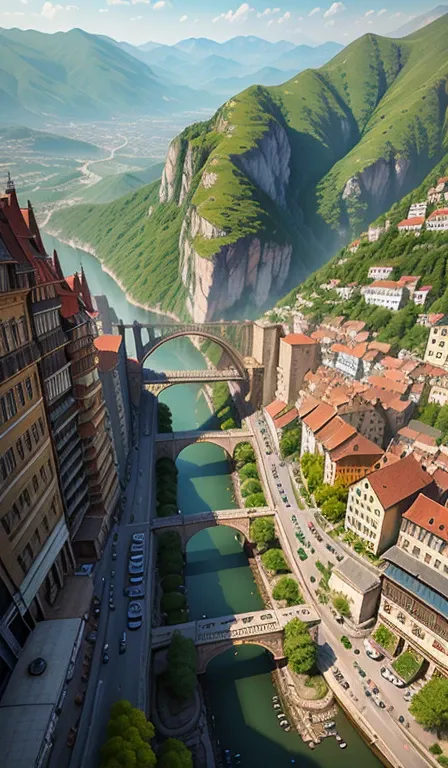 View from 2000 meters above、((masterpiece)),((Best Quality)),((Advanced Details)),((Realistic,))
Industrial City, In a deep valley, Architectural Street, Bazaar, bridge, Rainy Day, steampunk, European architecture