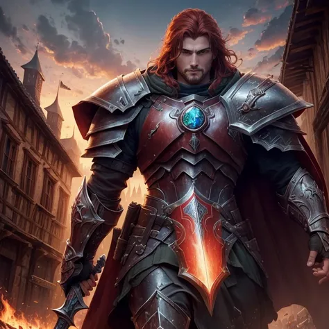 ((best quality))) (((HD))) (((8k))) ,(best qualityer:1.2,ultra detali:1.1,realisitic:1.37) A young, 20-year old man, with medium red hair, wearing heaving armor and helm, wielding a heavy sword and (shield:1.2), shield has mecha traits, inspired by (doom:1...