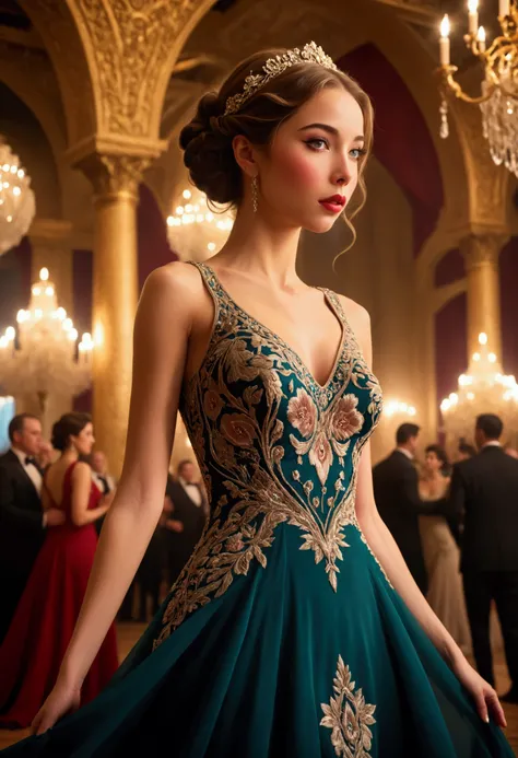 a woman in a long elegant evening dress, detailed embroidery, dancing gracefully, center of attention, crowded ballroom, view from low angle, beautiful detailed eyes, beautiful detailed lips, extremely detailed face and features, long eyelashes, photoreali...