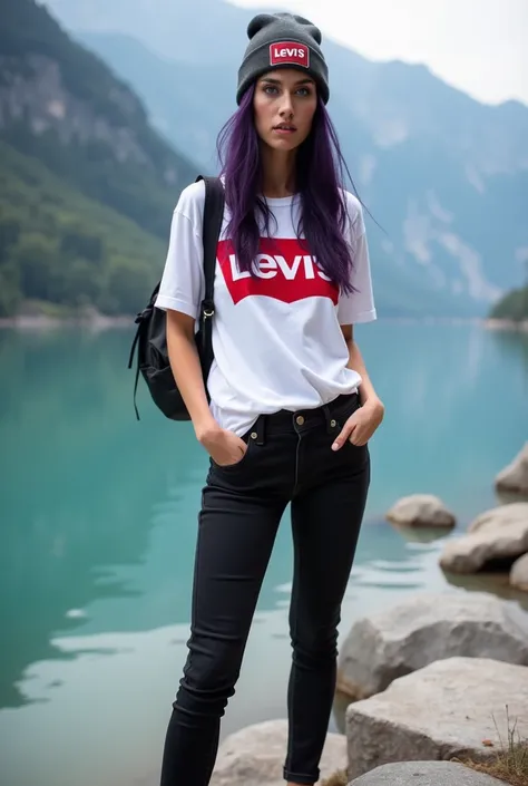 générer une photo pour Instagram en 8k influenceur avec des longs cheveux violet foncé yeux bleu en jean moulant noir chaussure vans avec  un t shirt blanc levis un bonnet bleu the North face devant le lac d annecy