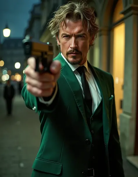 Masterpiece, best quality, male focus, 1man, there is a man in a suit holding a gun in his right hand, solo, solo focus, man with a gun, dramatic wielding gun pose, holding gun, Glock 17, finger on trigger, headshot and bodyshot, paris, night backdrop, fil...