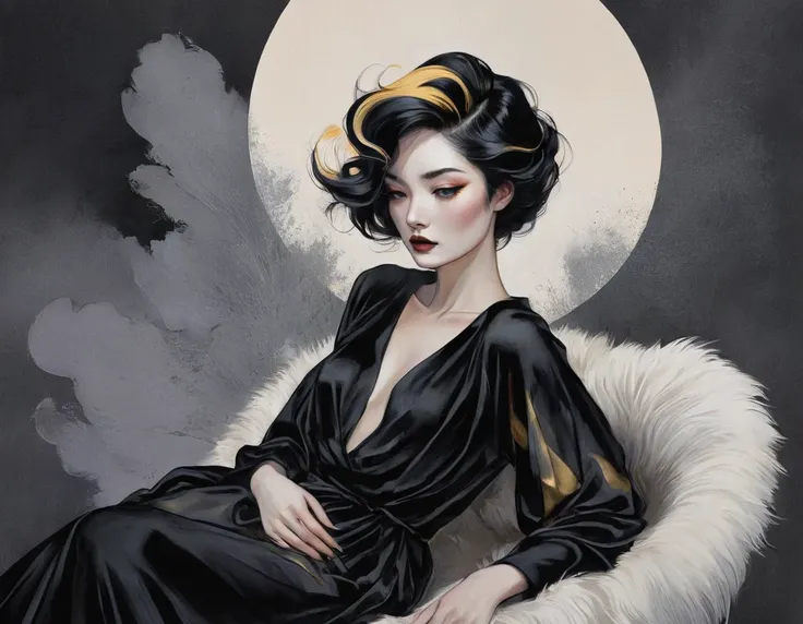 chiaroscuro technique on sensual illustration of an elegant woman, vintage ,silky eerie, matte painting, by hannah dale, by haru...