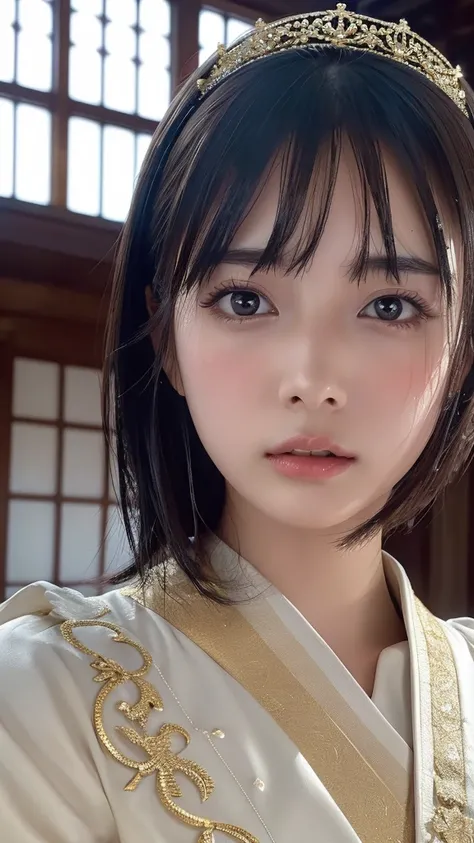 ((masterpiece, Best Quality, High resolution)), Japanese Princess、(Realistic: 1.4), Troubled face、、Great face,Pointed Mouth、With a pout、Shut your mouth.、Glossy wet lips、Age 15, Short Bob、(Beautiful Hair:1.5), Beautiful royal outfits、Tiara、Beautiful body、Be...