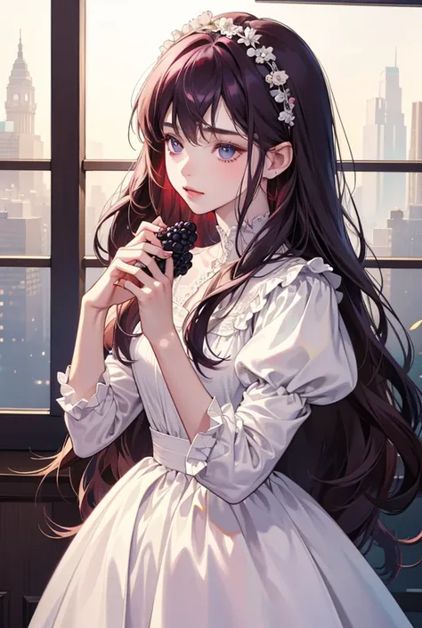 high resolution, masterpiece, Very detailed, Ultra High Definition, best quality, 1 girl, solo, long hair, blackberry colored hair, blackberry colored eyes, pale skin, blackberry dress, soft light colors, holding a blackberry in hands