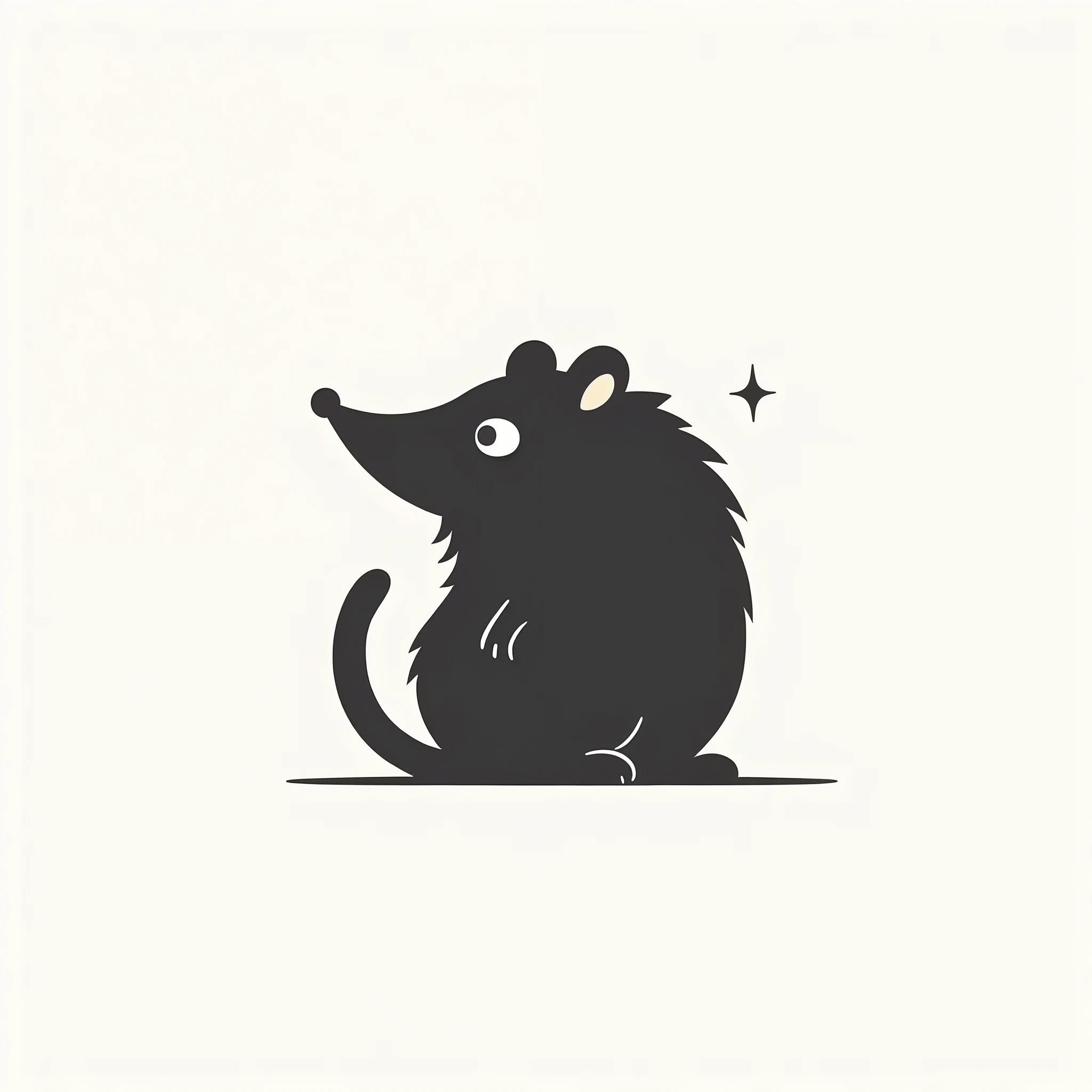 Create a minimalist logo of a magical creature resembling a rodent. It has a long, rounded snout similar to a platypus or mole, with soft, fluffy black fur. The design should focus on simple lines and shapes to capture the essence of this creature, emphasi...