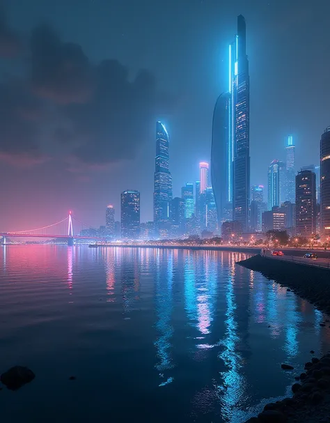 "Create a futuristic image of the city of Maracaibo, venezuela, View from Lake Maracaibo. The scene should show the city on the horizon with streamlined skyscrapers and bright lights reflecting innovation and modernity.. The lake water must be illuminated ...