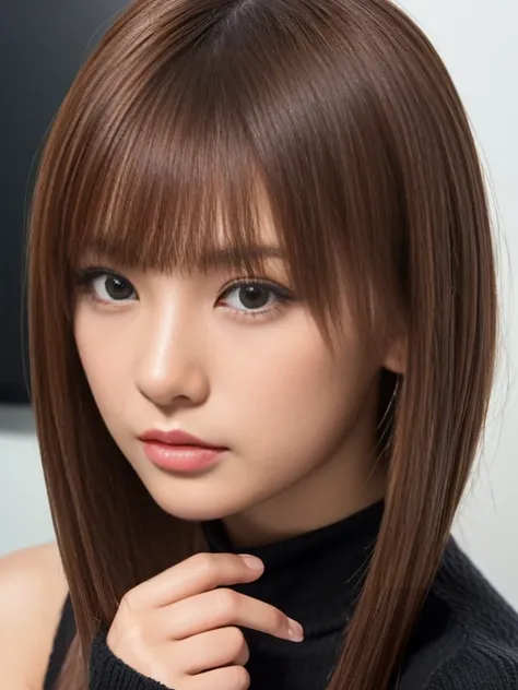 Product quality, 1 girl, Cowboy Shot, Front View, Young and cute Japanese girl, At night, Wearing a black knitted turtleneck sweater, Wearing a mini skirt, Super cute face, Glossy lips, Double eyelids, (Natural Makeup), Shiny, smooth, long light brown hair...