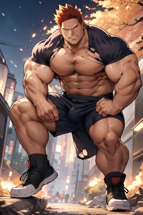 endeavor from my hero academia, covered in flames, full body, ripped and torn costume, muscular, thick, thick pubic hair