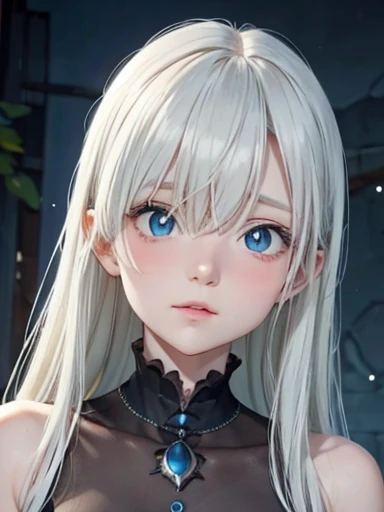 An albino girl ,blue eyes, beautiful, ,foreground,  bangs cover right eye, 