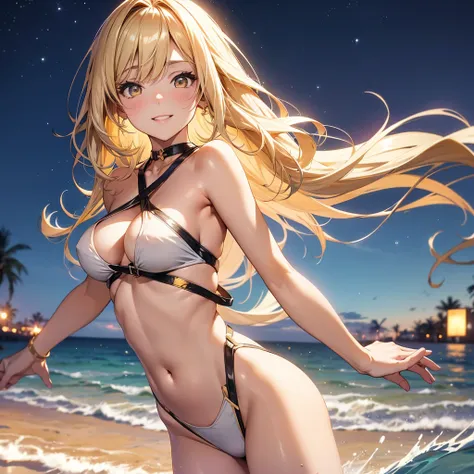 1girl, solo, bangs, long blonde hair, parted lips, medium breast, gold eyes, long hair, smile, solo, Sexy Crises Cross Halter Cut Out Backless Monokini Swimsuit, beach at night