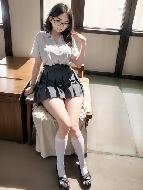 japanese women, , (black short bob hair), plump body, black eyes,(wear rimless glasses) japanese school girl uniform, (he is wea...