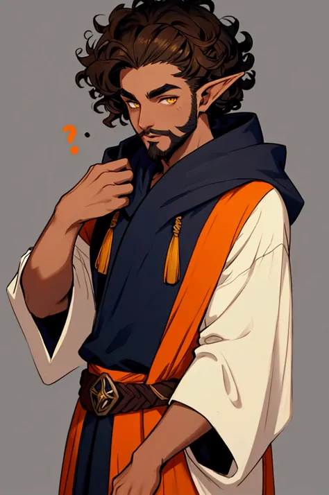 very young male elf, light black skin, yellow eyes, short curly dark brown hair, short beard and very youthful appearance, young and short teenager. In wizard&#39;s robes, a very simple commoner&#39;s robe in navy blue with orange details and a hood. has L...