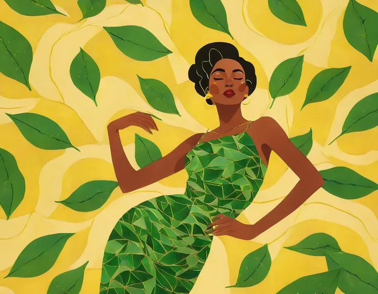 African feminine look, sexy hair, green outfit, leaves around body, swirling air movement, wide angle, full body view, loose fabric, geometric shapes, small breasts, golden hours , up-do hair, Bauhaus, geometric shapes