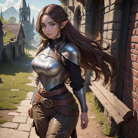 ((best quality))) (((HD))) (((8k))) (character) 20-year-old woman, ((adventurous)) elf, ((beautiful)) and ((happy)), ((brown hair)) and ((very long hair)), voluptuous, Brown hair, large breasts, thick thighs, wide hips, beautiful curves, (harem pants:1.2),...