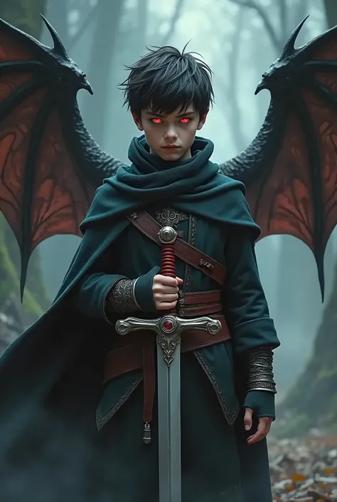 Boy with red eyes and bat holding sword