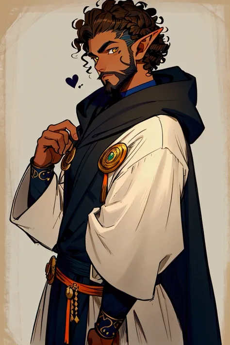 very young male elf, light black skin, yellow eyes, short brown hair, close hair, gradient, military style haircut, CURLY HAIR, short beard and very youthful appearance, novinho teenager e baixinho. In wizard&#39;s robes, a very simple commoner&#39;s robe ...