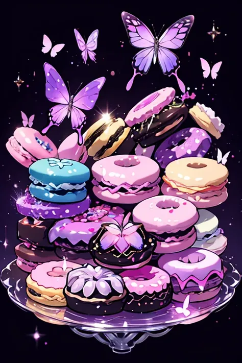 Set of purple butterfly and gemstone donuts and macarons