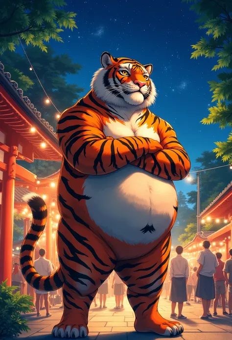 summer festival, a plump middle-aged tiger man, full body in michelangelo buonarroti style, digital illustration anime, characte...