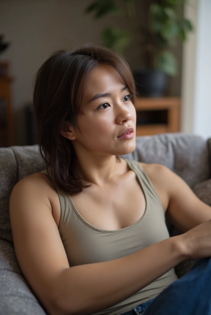 Athletic beautiful mid 30s asian female wearing tank top abd jeans sitting in living room. Thick upper arms. Photograph