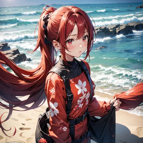 1girl, solo, (suzu), ore no imouto ga konna ni kawaii wake ga nai, 25-yers-old girl with crimson red hair- pulled up into twin ponytails, wearing a floral Bodysuit, seaside background