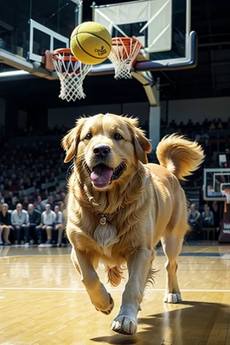 Golden retriever running with yellow tennis ball in mouth on a basketball court with the backboard in the background and the crowd cheering 