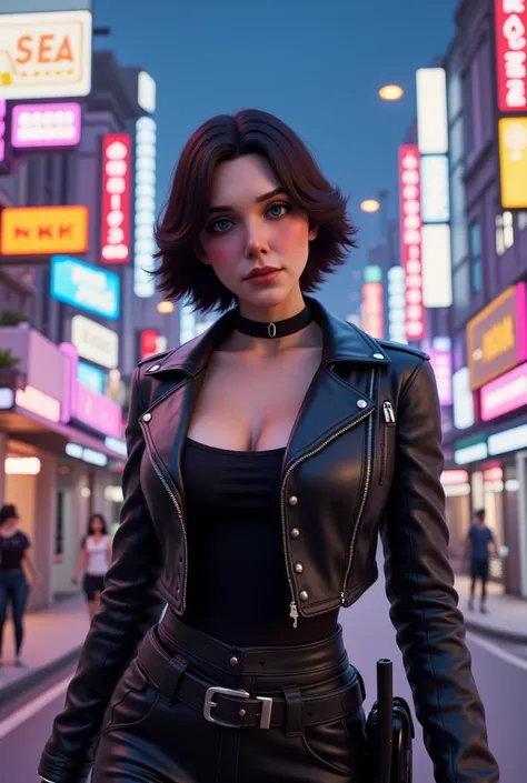 beth as a renegade bounty hunter, 3d render, fornite skin, 3d model, in the bustling, neon-lit streets of a sprawling cyberpunk ...