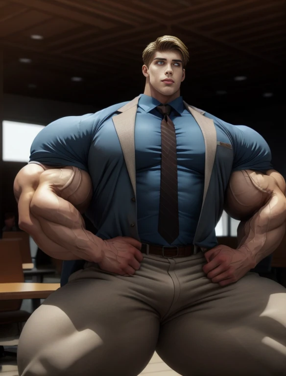 1 man, kento nanami, giant, alone, giant bodybuilder, illuminating light, strong body, bulk, large size, standing at seat at office buildings by windows and ceiling, outdoor, serious,jacket, formal suit, collared shirt, blue shirt, yellow necktie, pants wi...