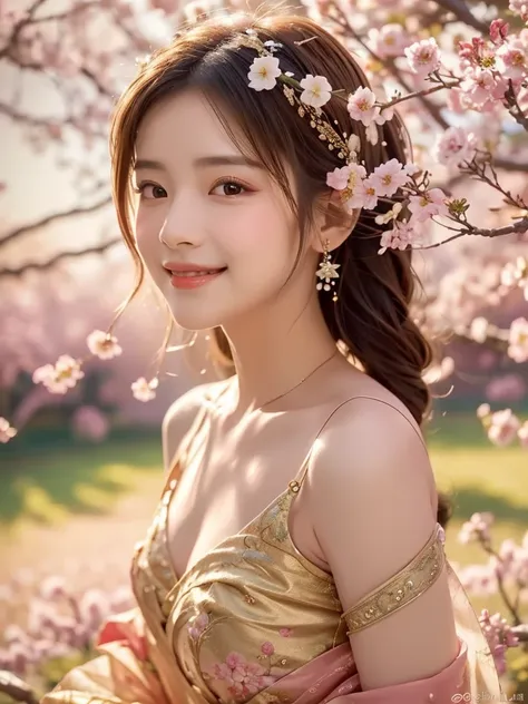 (white cute dress, long fluttering hair, radiant skin, small breasts) is dancing gracefully in a colorful flower field background. The scene is captured in an exquisite oil painting style with vibrant colors and meticulous brushstrokes. The sunlight gently...