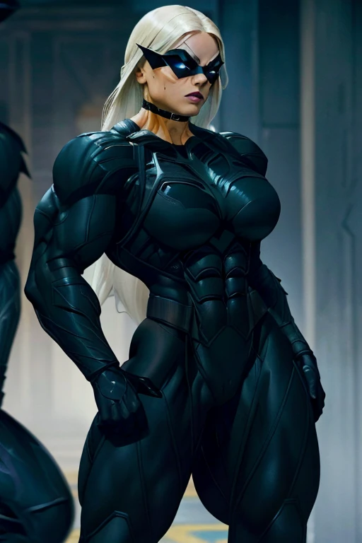 ((Close-up)), tall, (White hair) beautiful muscular woman, long straight hair, brown skinned, closed smile, large breast, (black lipstick), (massive muscles), (hyper muscle), (((ginormous bulky muscles))), blue eyes, (((((black stealth suit))))), (((stealt...