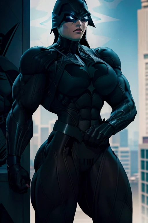 ((Close-up)), tall, (White hair) beautiful muscular woman, long straight hair, brown skinned, closed smile, large breast, (black lipstick), (massive muscles), (hyper muscle), (((ginormous bulky muscles))), blue eyes, (((((black stealth suit))))), (((stealt...