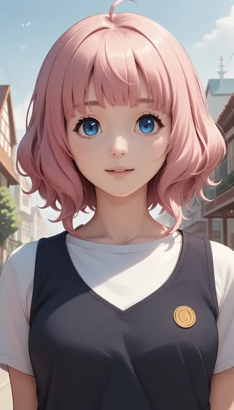 anime girl with pink hair and blue eyes weaalsog a vest, april rendering, sayori, another close-up of iwakura, 8k portrait rende...