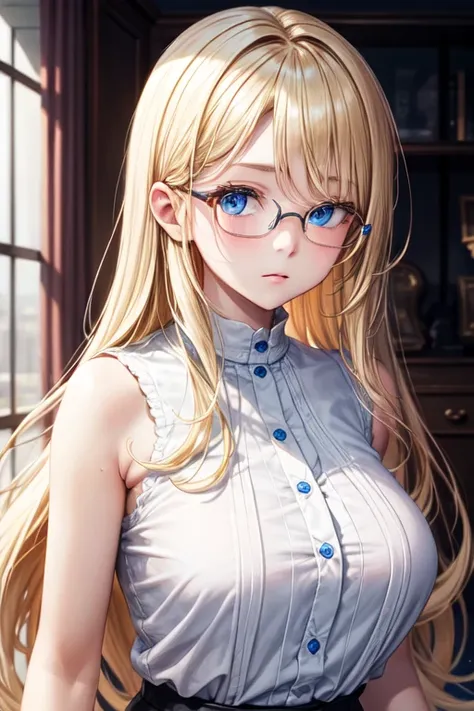  extremely beautiful thirteen year old , long blonde hair , large expressive light blue eyes , prescription glasses , white sleeveless blouse without print open at the front , upper body 