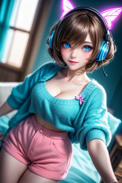 ((1 outgoing girl)), solo, ((neon brown hair blowing in the wind, hair between her eyes)), ((beautiful neon blue eyes)), headphones, medium breasts, cleavage, fuzzy sweater with a kawaii short strap at around the neck, cute shorts and cute lace, looking at...