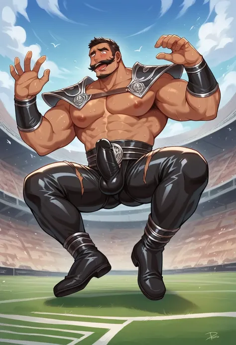 score_9, score_8_up, score_7_up, solo, male focus, Bulk male, Human , tan skin , ashamed face ，orgasm face , tongue out , moustache , beard, Face away from the perspective , shoulder armor , nipples , coliseum , day , (( damaged black latex suit )) , sweat...