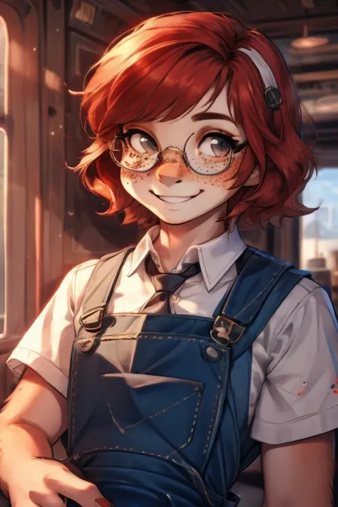 1 girl, short red hair, Glasses, Freckles, Overall,  Smiling,  