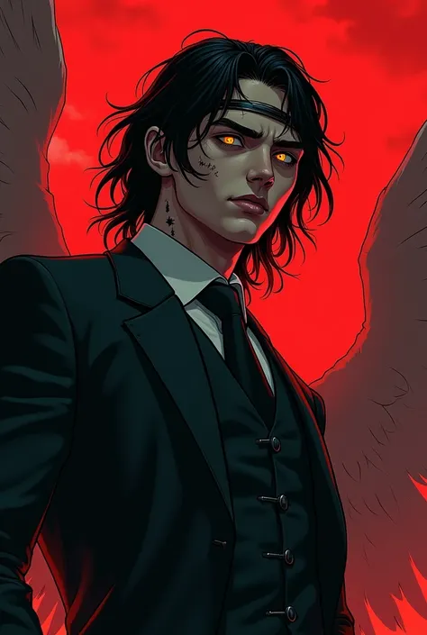 (masterpiece, best quality, ultra-detailed:1.2), post-apocalyptic atmosphere, illustration, dramatic lighting, red sky, cinematic, a man, a fallen angel, not so long black hair, eyes with yellow pupils with black sclera, wearing a suit, on his forehead a d...