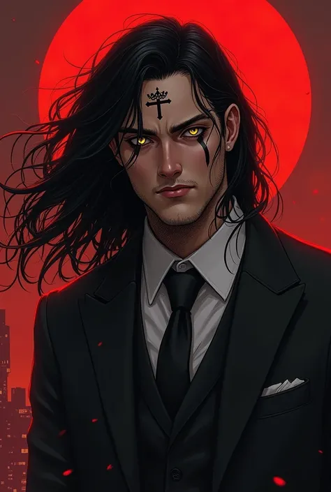 (masterpiece, best quality, ultra-detailed:1.2), post-apocalyptic atmosphere, illustration, dramatic lighting, red sky, cinematic, a man, a fallen angel, not so long black hair, eyes with yellow pupils with black sclera, wearing a suit, on his forehead a d...