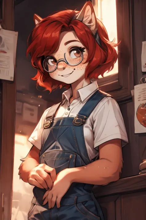 1 girl, short red hair, Glasses, Freckles, Overall,  Smiling,  