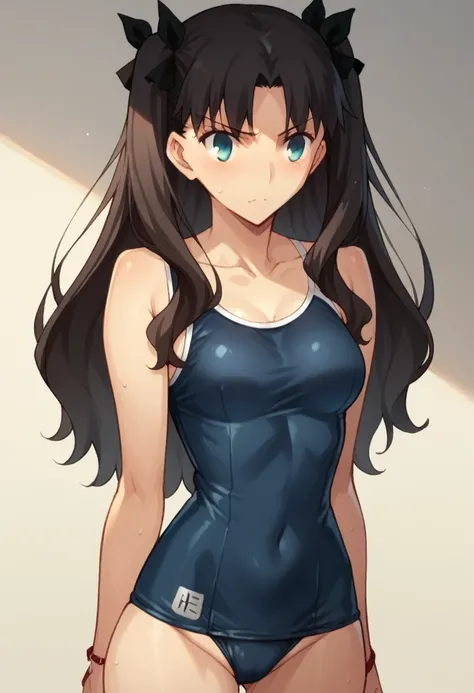 Tohsaka Rin, black tight school swimsuit, third size breasts 