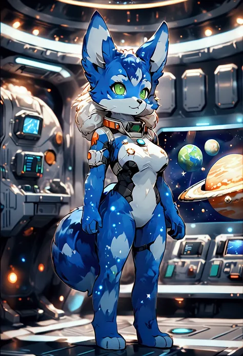 Foxy anthro girl, furry, blue skin fox, green eyes, space military suit, anthro fox female, furry fox girl, big boobys, space colony, universe, stars, planets.