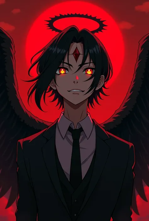 (masterpiece, best quality, ultra-detailed:1.2), anime style, post-apocalyptic atmosphere, illustration, dramatic lighting, red sky, cinematic, a man, a fallen angel, black wings, not so long black hair, eyes with yellow pupils with (black sclera), wearing...